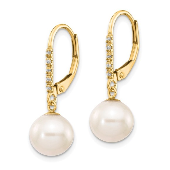 14k 8-9mm White Round FWC Pearl .05ct Diamond Leverback Earrings - Picture 4 of 4